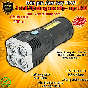 Đèn Pin Cầm Tay DP01 Gồm 4 Chế Độ Chiếu Xa 200m, Đèn Pin Mini DP03 Có 3 Chế Độ Sáng Chính Hãng D Danido, Có COB Led thân