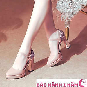 Giày cao gót nữ 9pRO374 thời trang nữ cao cấp ROSATA tại BCASHOP mũi nhọn, quai ngang, gót vuông - màu Nude