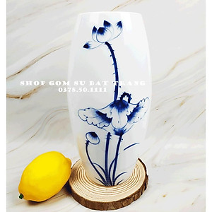 Lọ hoa đẹp Bát Tràng men trắng hoa sen cao 27cm dáng bom