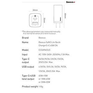 Củ sạc siêu nhanh Baseus GaN2 Lite Quick Charger 65W (Type C+ USB) - Hàng Chính Hãng