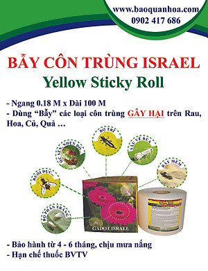 KEO DÍNH BẪY RUỒI MÀU VÀNG CỦA ISRAEL (CUỘN 20 MÉT TRẢI NGHIỆM) VÀ BẪY CÁC LOẠI CÔN TRÙNG KHÁC TRONG NÔNG NGHIỆP NHƯ BỌ PHẤN TRẮNG, BỌ TRĨ, BƯỚM, ỐC SÊN ...