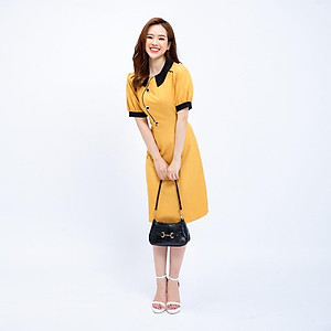 Đầm thiết kế cao cấp công sở AMYRA dáng chữ A trung niên phối đính nút cổ bèo Da153