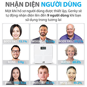 Cân sức khỏe điện tử thông minh Genky - phân tích cơ thể, theo dõi mỡ, cơ, nước, xương, calo, màn hình siêu rộng