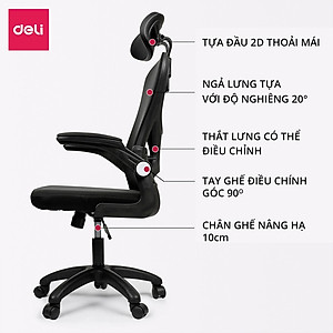 Ghế Xoay Văn Phòng Ngồi Làm Việc Công Thái Học Có Tựa Đầu Deli - Tay Gập Thông Minh, Có Ngả Lưng, Lưới Thoáng Khí, Chân Xoay Tiện Ích, Đệm Ghế Êm Aí - Phù Hợp Học Sinh, Văn Phòng, Game Thủ, Gaming - Hàng Chính Hãng