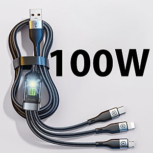 Dây Sạc 3 Đầu, Dây Sạc Nhanh 100W Với 3 Đầu Sạc Phù Hợp Với Nhiều Dòng Điện Thoại Dài Khoảng 1 Mét - Hàng Nhập Khẩu
