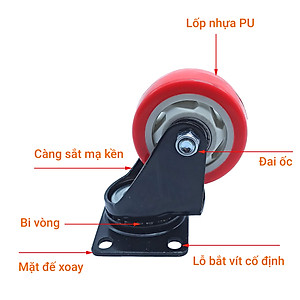 Bánh xe đẩy mặt đế xoay càng sắt tải trọng 50kg lốp nhựa PU cam trắng rộng 30mm Φ75mm