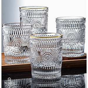 BỘ 6 CỐC THỦY TINH UỐNG NƯỚC VIỀN VÀNG  HOA VĂN  TRÒN NỔI - ANTH481