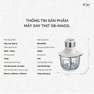 Máy Xay Thịt Thực Phẩm Bear SB-MA02L Xay Cực Êm Dung Tích 2 Lít Công Suất 300 W - Hàng Chính Hãng