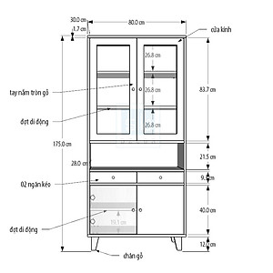 Tủ Gỗ Đa Năng Cửa Kính 80cm, Tủ Decor Phòng Khách, Nhà Bếp Màu Trắng Oak (Sồi) SIB Decor KG21