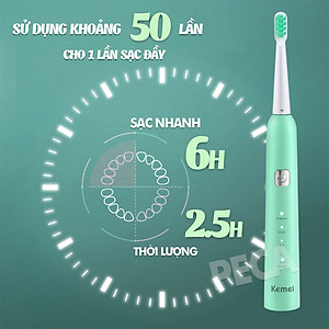 Bàn chải đánh răng điện KEMEI KM-713 công nghệ rung siêu âm 31000 lần/ phút điều chỉnh 6 chế độ đánh bay mảng bám sạch sâu gấp nhiêu lần so với bàn chải thủ công + Tặng kèm 5 đầu bàn chải thay thế - Hàng chính hãng