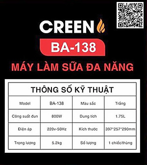 Máy làm sữa hạt Creen BA-138 Chống tràn, xay mịn không cần lọc, máy xay nấu đa năng – Hàng chính Hãng
