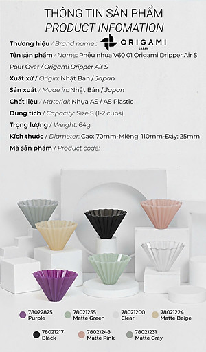 Phễu nhựa V60 01 Origami Dripper Air S Pour over