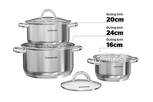 Bộ nồi inox 3 đáy Sunhouse SHG361, Chất liệu inox sáng bóng an toàn cho sức khỏe, Vung kính cường lực siêu bền, Tay cầm và núm vung bọc silicon chịu nhiệt, chống bỏng, an toàn, Sử dụng trên mọi loại bếp - Hàng chính hãng