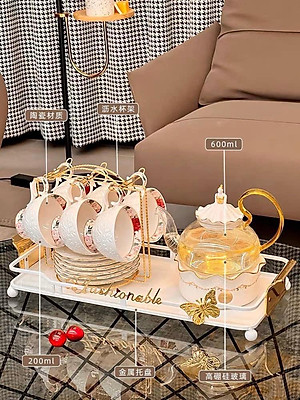 BỘ ẤM CHÉN PHA TRÀ  KÈM ĐẾ CHÂM NẾN  SỨ HÂM NÓNG MÀU TRẮNG VIỀN VÀNG CAO CẤP CAMELIA - ANTH451