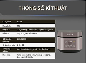 Nồi Cơm Điện Tử BlueStone RCB-5946 - Dung Tích 1,5 lít  - Công suất 860W - Lòng nồi phủ chống dính cao cấp an toàn sức khỏe - 6 chế độ cài đặt sẵn - Bảo hành 2 năm - Hàng chính hãng