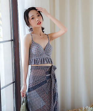 Bộ đồ bơi bikini nữ 2 mảnh đi tắm biển áo croptop kèm váy sang chảnh phong cách Hàn quốc