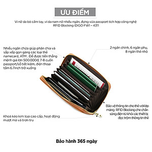 Ví nữ da thật cầm tay, ví da nam nữ nhiều ngăn, đựng vừa passport tích hợp công nghệ RFID Blocking IDIGO FW1 - 4311