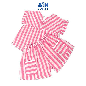 Bộ quần áo ngắn bé gái họa tiết Kẻ hồng trắng linen cotton - AICDBGWIKHKS - AIN Closet