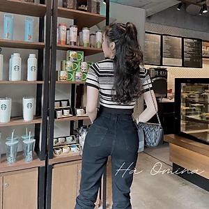 Áo len nữ dáng croptop tăm cổ U kẻ ngang phối viền chất len dày mịn hàng Quảng Châu cao cấp