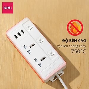 Ổ Cắm Điện Đa Năng Kèm Cổng USB CÔNG TẮC RIÊNG Chống Giật Chống Cháy Chất Lượng Cao Deli - Hàng Chính Hãng - ET409 410 411