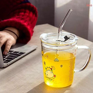 Ly thủy tinh chịu nhiệt nóng lạnh có Nắp 400ml Cốc Có Vạch Chia Mức Tiện Dụng Tặng Kèm Ống Hút Silicon Dẻo Cao Cấp
