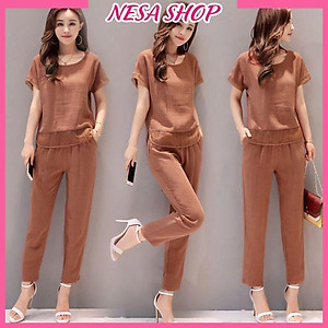 Đồ bộ trung niên tay ngắn cho Bà cho Mẹ, chất liệu Đũi mát mẻ, thấm hút mồ hôi, đồ bộ mặc nhà NeSa Shop ĐBH.27