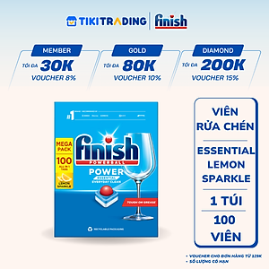 Viên Rửa Chén Bát Hương Chanh Finish Powerball Power Essential Lemon Sparkle - Túi 100 viên siêu tiết kiệm - 1 Túi