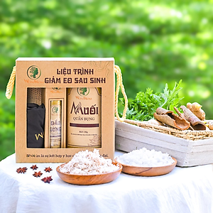 Liệu trình giảm eo sau sinh Wonmom ( 1 Hộp muối quấn bụng + 1 Dầu gừng + 1 Đai quấn muối + 1 Gen nịt bụng )