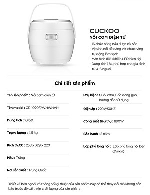 Nồi cơm điện tử Cuckoo 1,8L CR-1020F- màu trắng - Bảng điều khiển LED - Lòng nồi chống dính - Chất lượng Hàn Quốc - Hàng chính hãng Cuckoovina