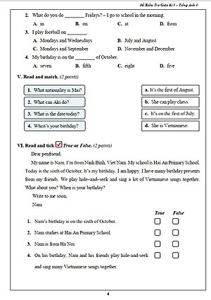 Đề Kiểm Tra Tiếng Anh 4 - Tập 1