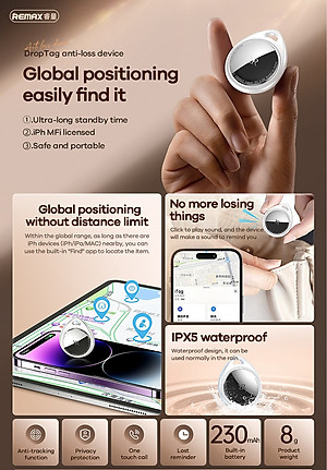 Định Vị Remax DropTag RT-G2302, Định Vị Không Giới Hạn Khoảng Cách + Tặng pin + dây đeo - Hàng chính hãng