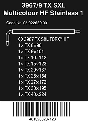 Bô lục giác hoa thị thép không gỉ nhiều màu với chức năng giữ 3967/9 TX SXL Multicolour HF Stainless 1 Wera 05022689001