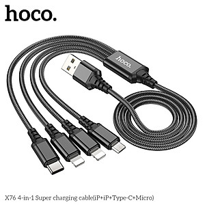 Dây Sạc Đa Năng 4 in 1 Hoco X76 dòng sạc 2A dài 1m dây dù siêu bền - 2 đầu dùng cho iPhone - 1 đầu TypeC - 1 đầu micro usb - Hàng Chính Hãng