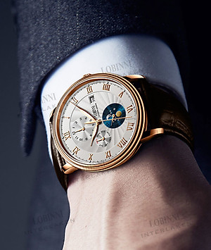 Đồng hồ nam chính hãng LOBINNI LB11023G-D1 Kính sapphire chống xước,chống nước 50m,mặt trắng vỏ vàng hồng dây da nâu xịn, thép không gỉ 316L,Đồng hồ cơ (Automatic) bảo hành 24 tháng,thiết kế đơn giản và sang trọng