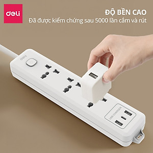 Ổ Cắm Điện Mẫu Mới 2025 Deli Ổ ĐIện Đa Năng Chống Cháy Nổ 2500W Cổng Sạc USB/ TypeC Thông Minh