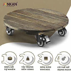 Đế Lót Chậu Cây Có Bánh Xe ANKAN - Hình Tròn D30cm, Gỗ Tràm Bông Cao Cấp, Chịu Tải 120kg (Màu Xám Đen)