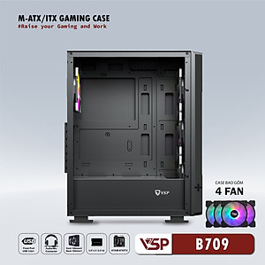 Vỏ máy tính Case VSP B709 [ĐEN] sẵn 4 Fan LED ~ Gaming kính cường lực (M-ATX/ITX) - Hàng chính hãng TECH VISION phân phối