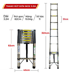 Thang nhôm INOX rút đơn xếp gọn 2,6m - 5.9m gấp gọn Nhập Khẩu NIKITA - chịu lực tới 150kg