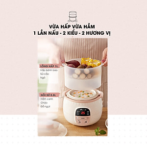 Nồi nấu cháo chậm, ninh hầm cách thủy Bear DDZ-B08C1 dung tích 0.8L Kèm Lồng Hấp 1L Hàng chính hãng