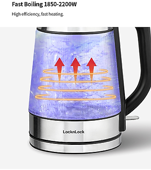 Ấm đun siêu tốc Locknlock Glass electric kettle EJK256BLK - 220-240V, 50-60Hz, 1850-2200W, Dung tích 1.8L- Màu đen - Hàng chính hãng
