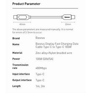 Cáp sạc nhanh Baseus C to C 100W màn led, Cáp sạc nhanh 100W Baseus Display Fast Charging Data Cable Type C to C 100W (20V/5A) - Hàng chính hãng