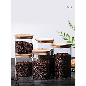 Hũ Thủy Tinh Vuông Nắp Gỗ Tre Kín Hơi Đựng Thực Phẩm, Gia Vị Tiện Dụng