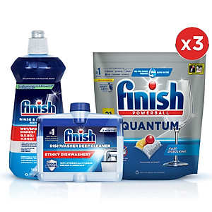 Combo Nâng Cao: 3 X Túi 21 Viên Nước Rửa Bát Powerball Quantum + Nước Làm Bóng Rinse & Shine Aid 500ml + Dung Dịch Vệ Sinh Máy Rửa Chén 250ml