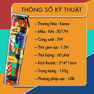 Tông đơ chấn viền Kemei KM-5017H thiết kế độc đáo, sử dụng sạc USB tiện lợi có thể cắt tóc, cạo râu, cạo đầu fade tóc... Hàng chính hãng