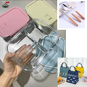 Hộp Cơm Thủy Tinh 3 Ngăn 1050 ml + Túi Cá + Hộp Đũa Thìa Cán gỗ ( Giao màu ngẫu nhiên) cực kì tiện lợi