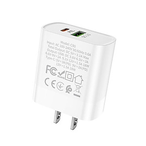 Củ sạc nhanh hoco. C80A – Hàng Chính Hãng 2 cổng ( USB + Type- C ) 3.1A, PD 20W, Q.C 3.0 hỗ trợ sạc nhanh cho điện thoại