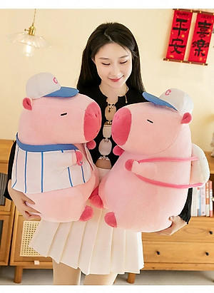 Thú nhồi bông capybara màu hồng mặc áo bóng chày dễ thương - Size từ 30cm đến 40cm - Quà tặng gấu bông capybara chuột lang êm mịn