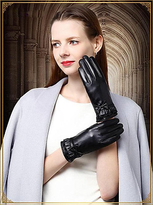 Găng tay nữ da cừu phối nơ nữ tính - BHY8714 Bao tay nữ mùa đông, lót lông, giữ ấm, cản gió, chống nước, cảm ứng điện thoại.