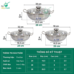 Nồi lẩu um xào 3 đáy inox 430 Fivestar bếp từ nắp kính tặng 5 muỗng ăn inox ( 24cm / 26cm / 28cm )