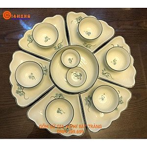 Bộ đồ ăn hoa mặt trời men kem vẽ sen gốm sứ Bát Tràng